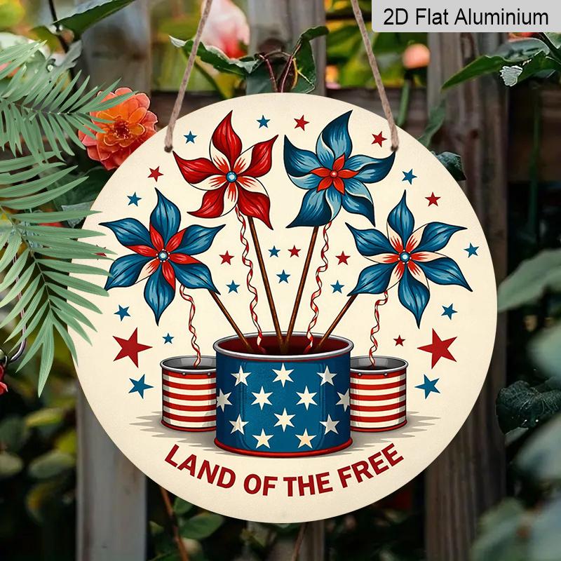 2D Flat, 1pc Round "Land Of The Free" Aluminum Hanging Sign, Patriotic Red White Blue Pinwheel Windmill Design, Rustic Retro Metal Wall Decor