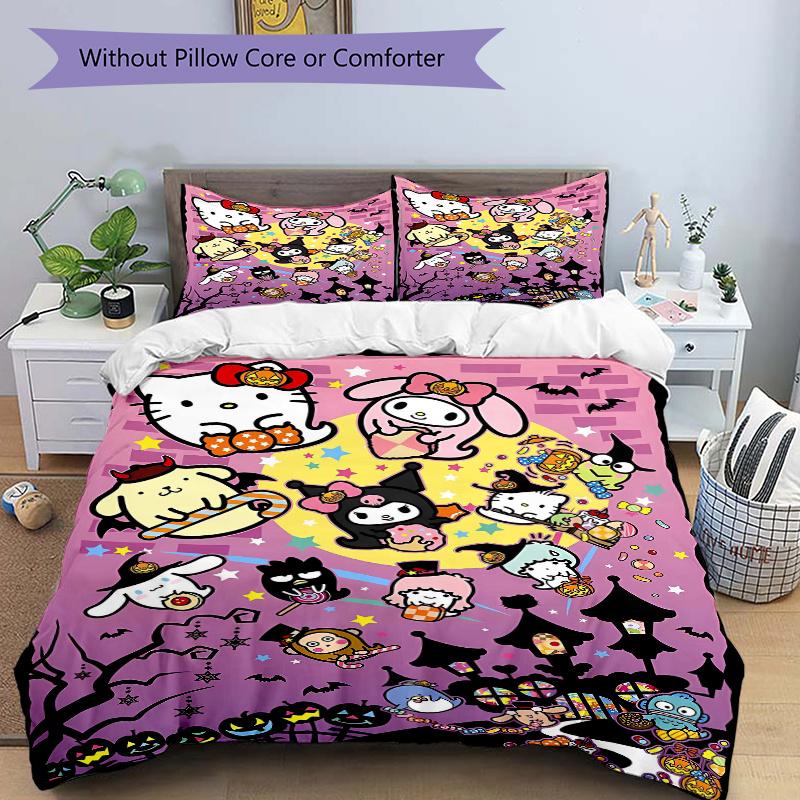 3pcs Halloween Fun Hello Kitty My Melody & Friends Bedding Set Includes Quilt Cover and Pillowcases, Suitable for All Seasons