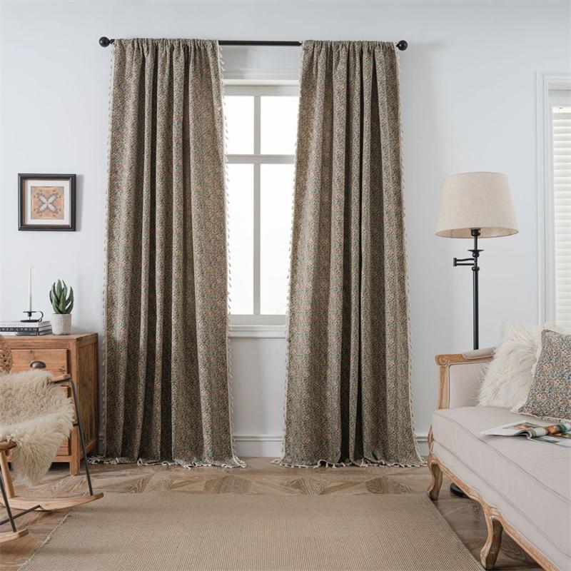 Jacquard Floral Bouquet Curtains - Semi-Sheer Kitchen Valance & Bay Window Drapes | Boho Tassel Trim Ready-Made Sheers (No-Sew Installation)