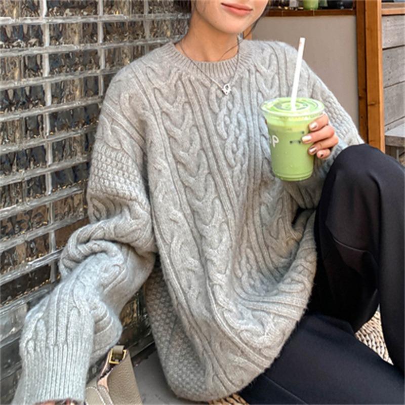 Retro pullover twist sweater for women's outerwear autumn and winter new loose lazy style solid color crew neck knitted top