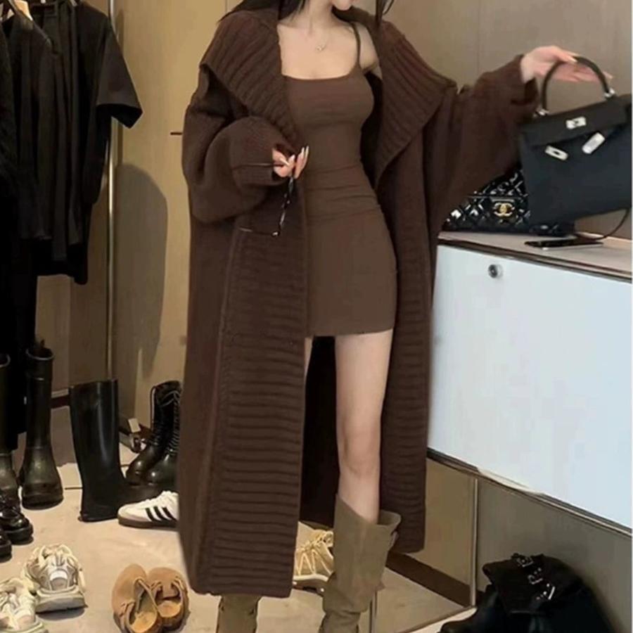 Oversized Chunky Knit Cardigan with Wide Collar - Lazy Style Casual Long Coat
