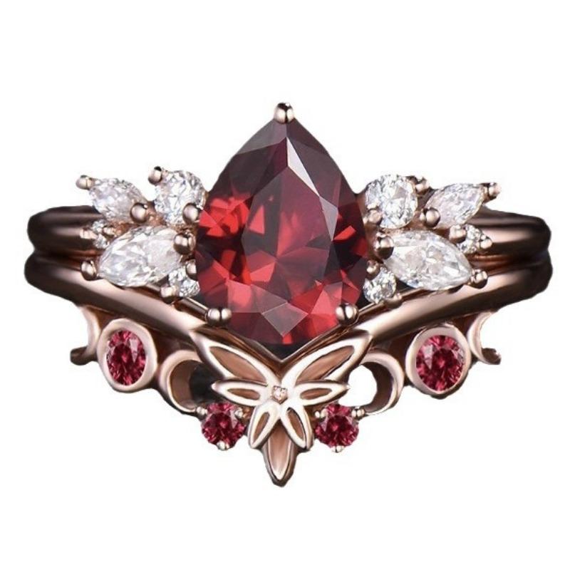 New Women's Pair Ring Ins Butterfly Shape Inlaid with Pigeon Blood Ruby Jewelry