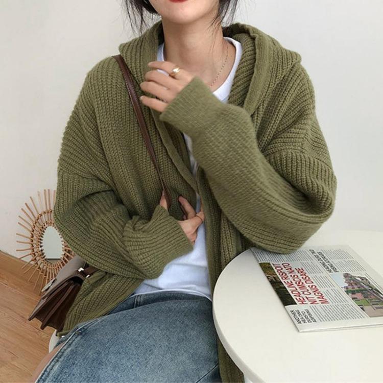 Loose Knitted Hooded Sweater Cardigan Coat Solid Color Womens Top