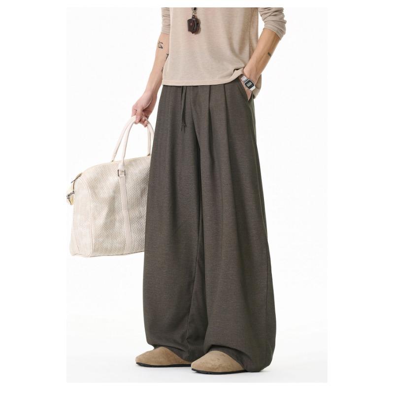 Mens Loose Draped Double Pleated Waist Straight Casual Long Trousers