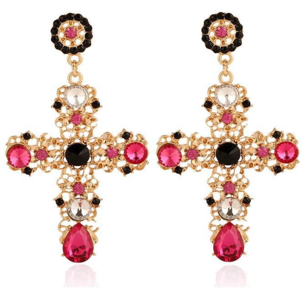 

Alloy Vintage Cross Earrings Colorful Handmade Earrings Delicate Baroque Long Earrings рожевий червоний колір