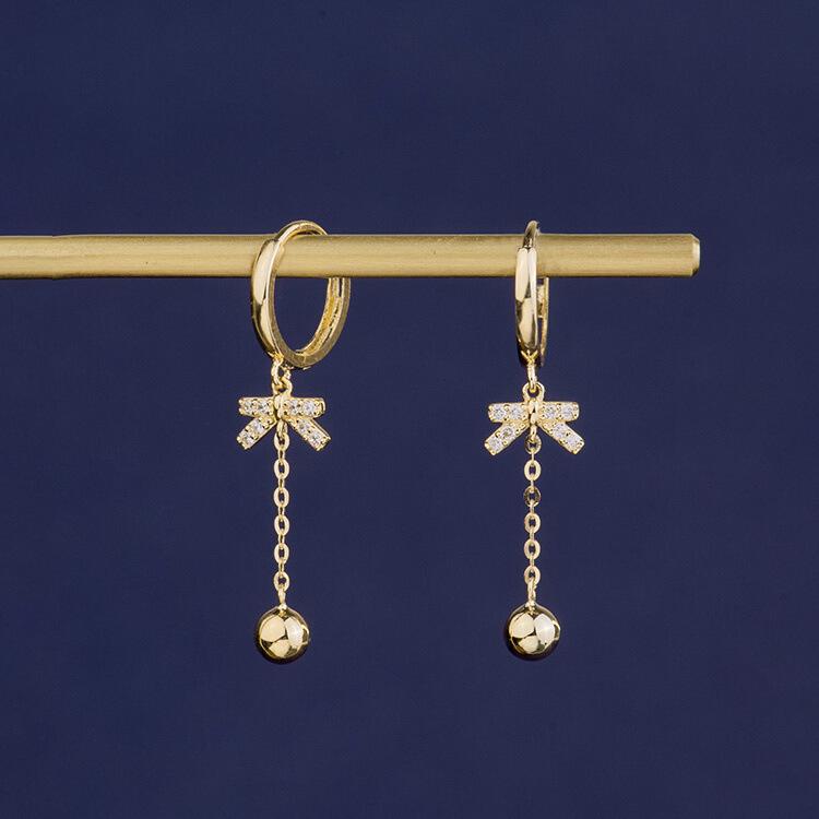 

Sweet Design Earrings: S925 Sterling Silver Gold-Plated Ear Cuffs with Medium-Length Gold Bead Tassel and Bow Studs 925 Silver
