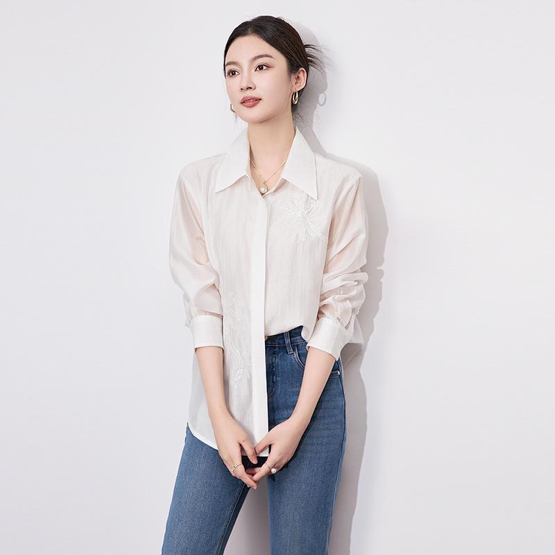 Elegant Women's Tencel Cotton Sequin Embroidery Long Sleeve Shirt with Lapel Design - Spring Collection