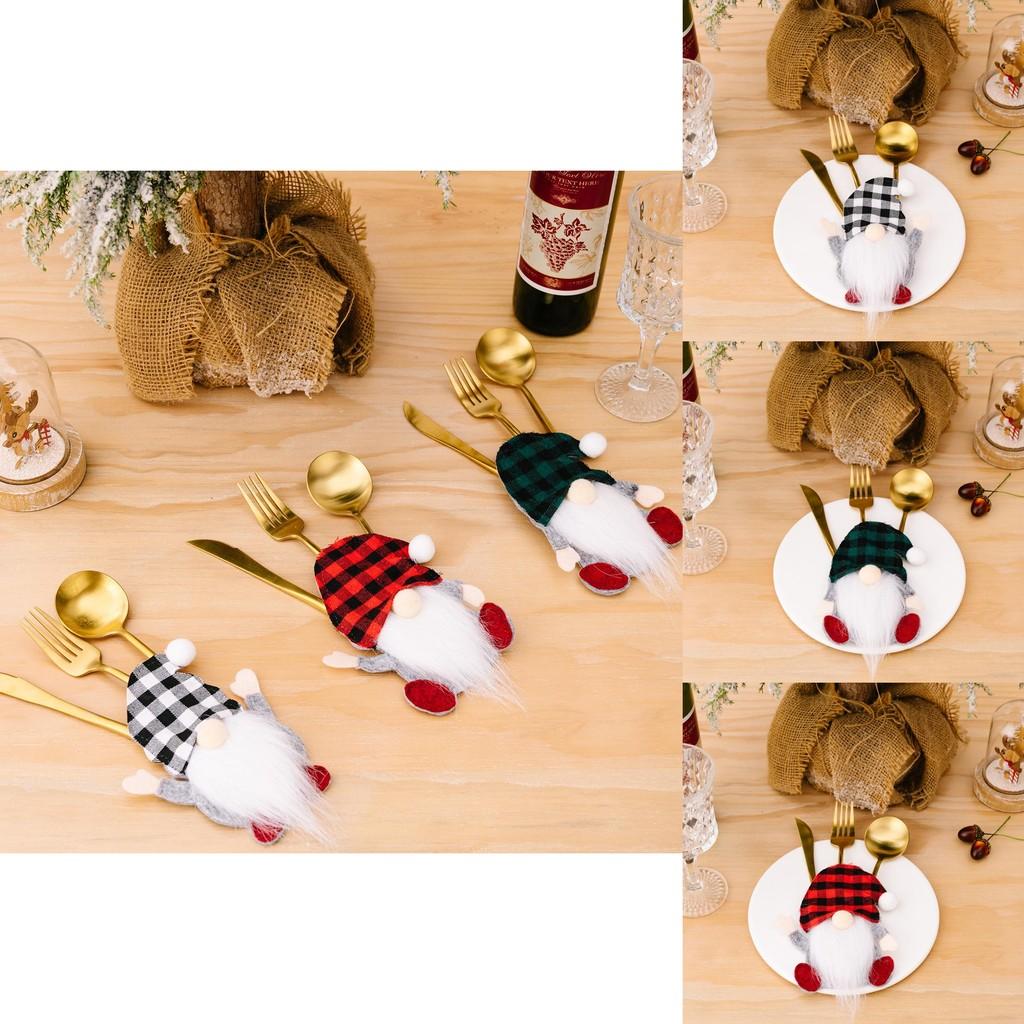 Festive Checkered Hat Gnome Tabletop Ornament With Cutlery Holder Holidays For