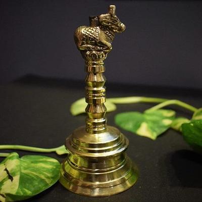 Brass Temple Holy Bell Om Small Ghanti for Home Pooja Room Decoration Vastu Antique Decorative Item, Good Luck Mandir Musical Instrument Decor Bells