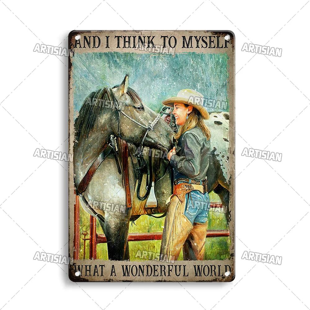 Artisian Ride Horse Metal Poster Cowgirl Cowboy Tin Plate Horse Racing Decorative Sign Wall Decor Garage Bar Pub Club Hotel Cafe