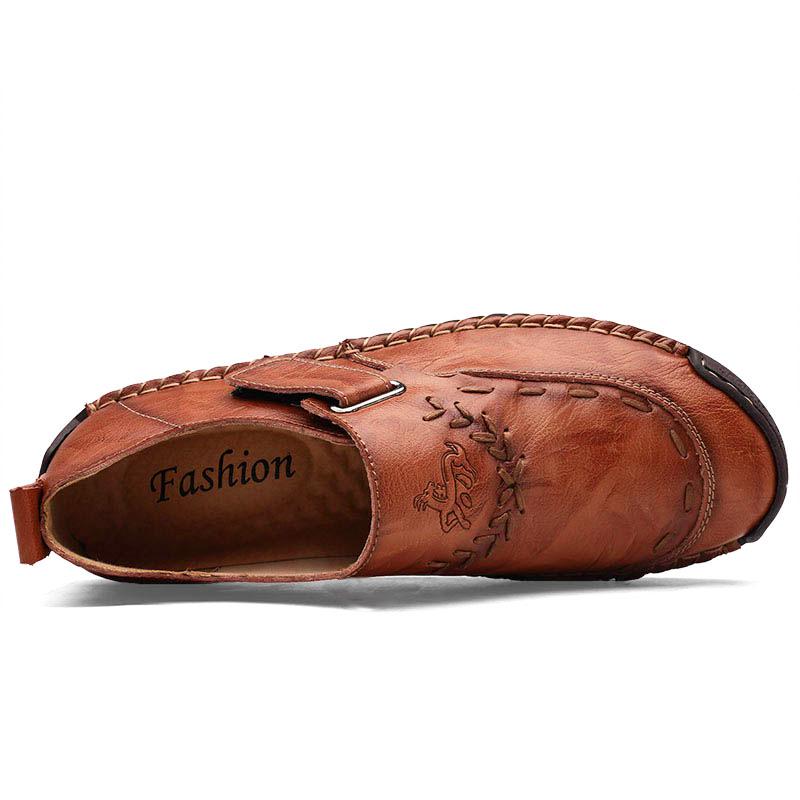 Men's Slip-On Comfortable Flat Bottom Leather Shoes Male Breathable Outdoor Casual Slip-Over Cowhide Walking Shoes Large Size