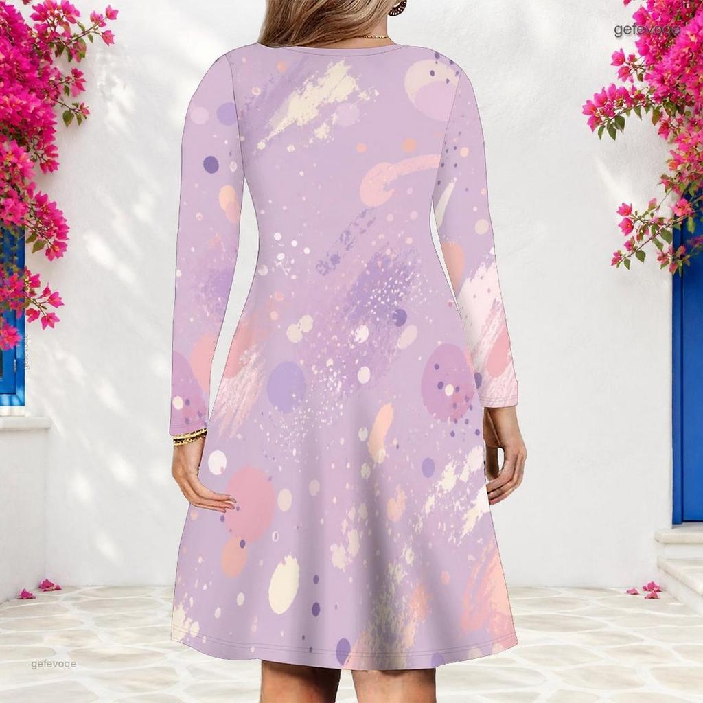 Women Plus Size V Neck Long Sleeve Printed Black Teal Gold A Line Dress