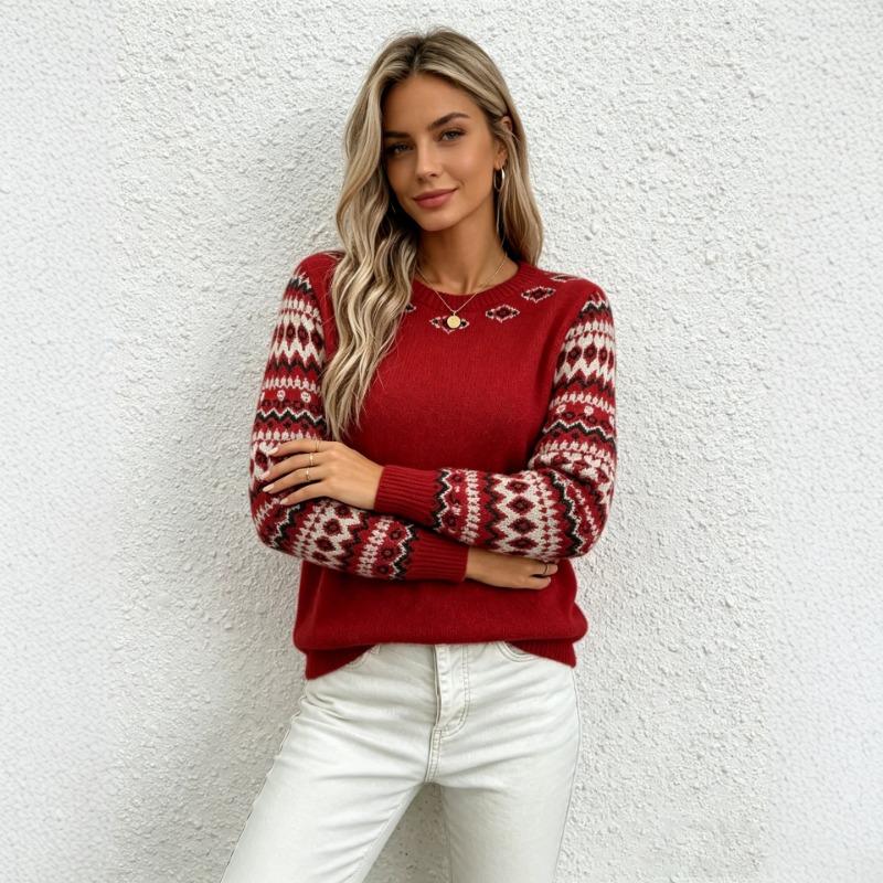 Women S Loose Fit Geometric Jacquard Crew Neck Long Sleeve Knit Sweater