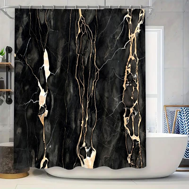 Black Marble Shower Curtain with Golden Veins Decorative Waterproof Bath Mat for Home Bathroom Size Customizable