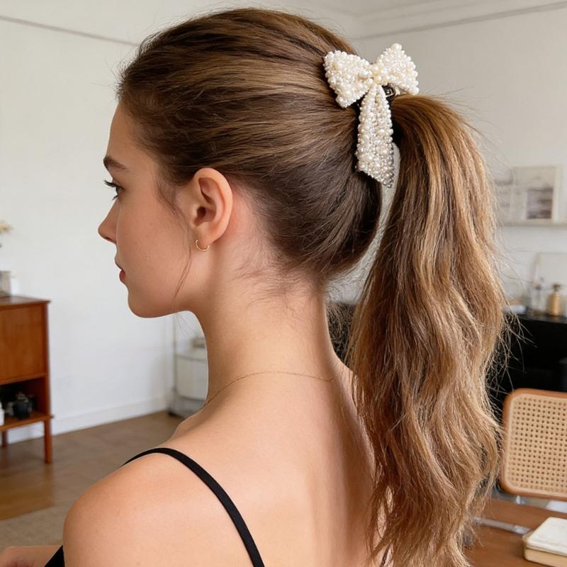 Fashion Artificial Pearls Bowknot Hair Clip For Bridal Shower Formal Event Photoshoots Special Occasion NonSlip Hairpin