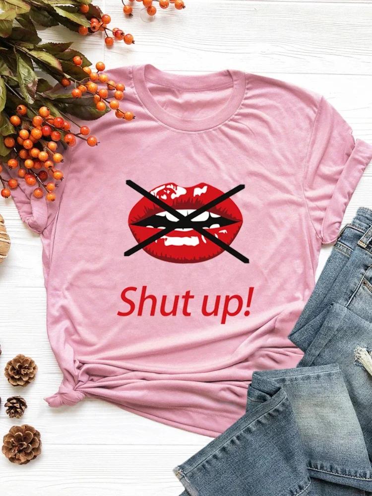 Shut Up Red Lip Print Women T Shirt Short Sleeve O Neck Loose Women Tshirt Ladies Tee Shirt Tops Clothes Camisetas Mujer