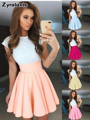 Summer New Women's Dresses Lace Patchwork Ruffled High-Waist Short Sleeve Mini Dress