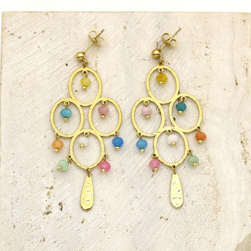 French Retro Colorful Stone Titanium Steel Flower Drop Earrings - Gold-Plated Stainless Steel Design