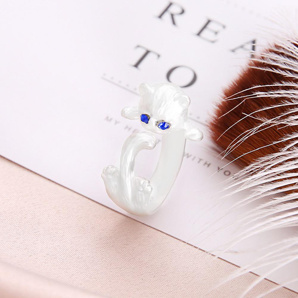 Alloy Diamond-Set Personalized Open Blue-Eyed Cat Ring, Handmade Creative Jewelry Women'S Jewelry