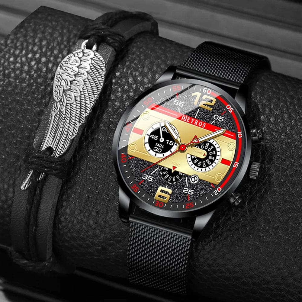 

Комплект из 2 предметов, модные мужские часы, мужские деловые часы из нержавеющей стали с сетчатым ремешком, кварцевые часы класса люкс для мужчин, повседневные часы с кожаным браслетом и ночным свечением