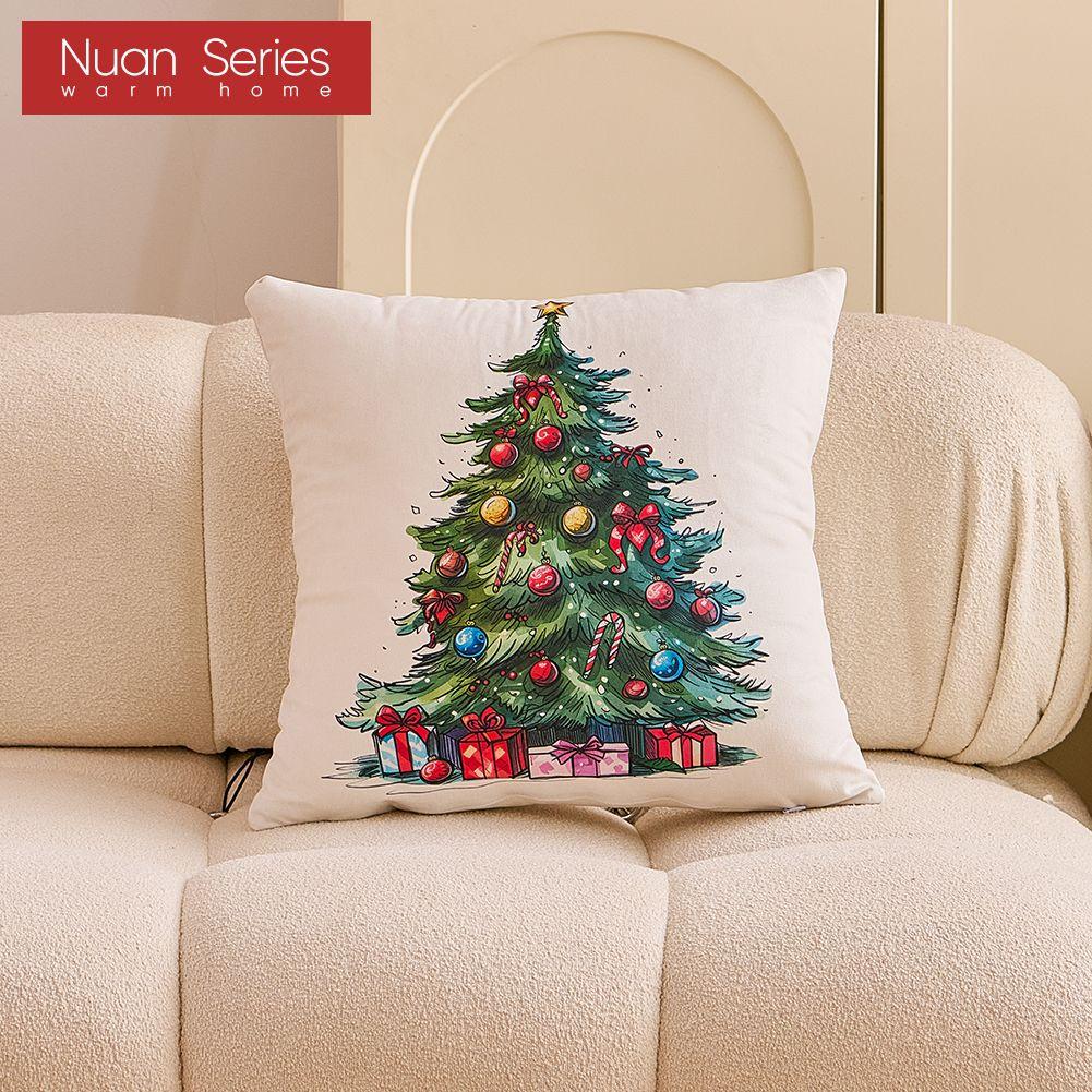 1PC Nuan Series Christmas Pillowcase Hand Drawn Christmas Tree Cluster Printed Cushion Cover for Sofa Living Room Bedroom Home Decor Party Decor