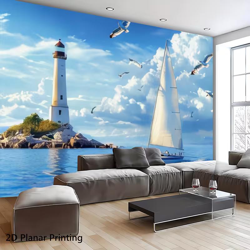 2D Ocean Lighthouse Backdrop, Sailing Boat & Seagull Photography Background for Party