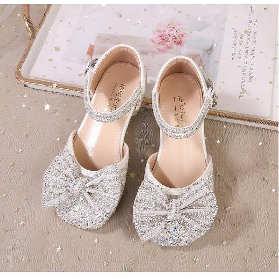 Girls' Sandals silver High Heels Summer New Transparent Soft Sole Bow Girls' Princess Shoes Women's Leather Shoes