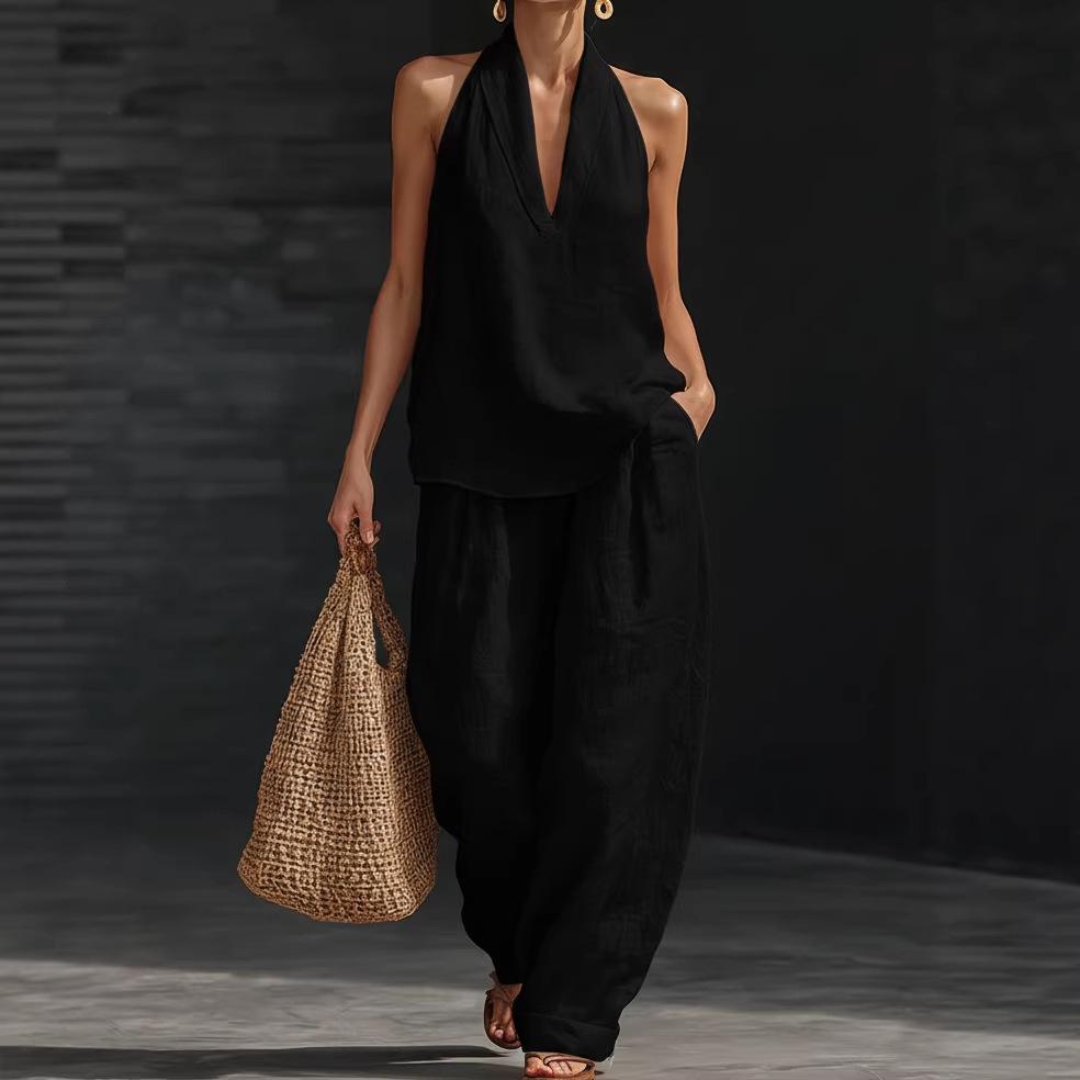 2026 Summer Women's Solid Color Halter Neck V-Neck Sleeveless Casual Suit