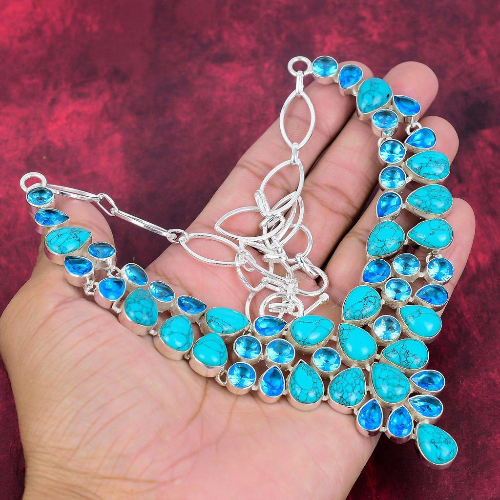 Santa Rosa Turquoise, Blue Topaz 925 Solid Sterling Silver Necklace, Handmade Gemstone  Necklace Jewelry, Gifts For Wife Brand New Necklace