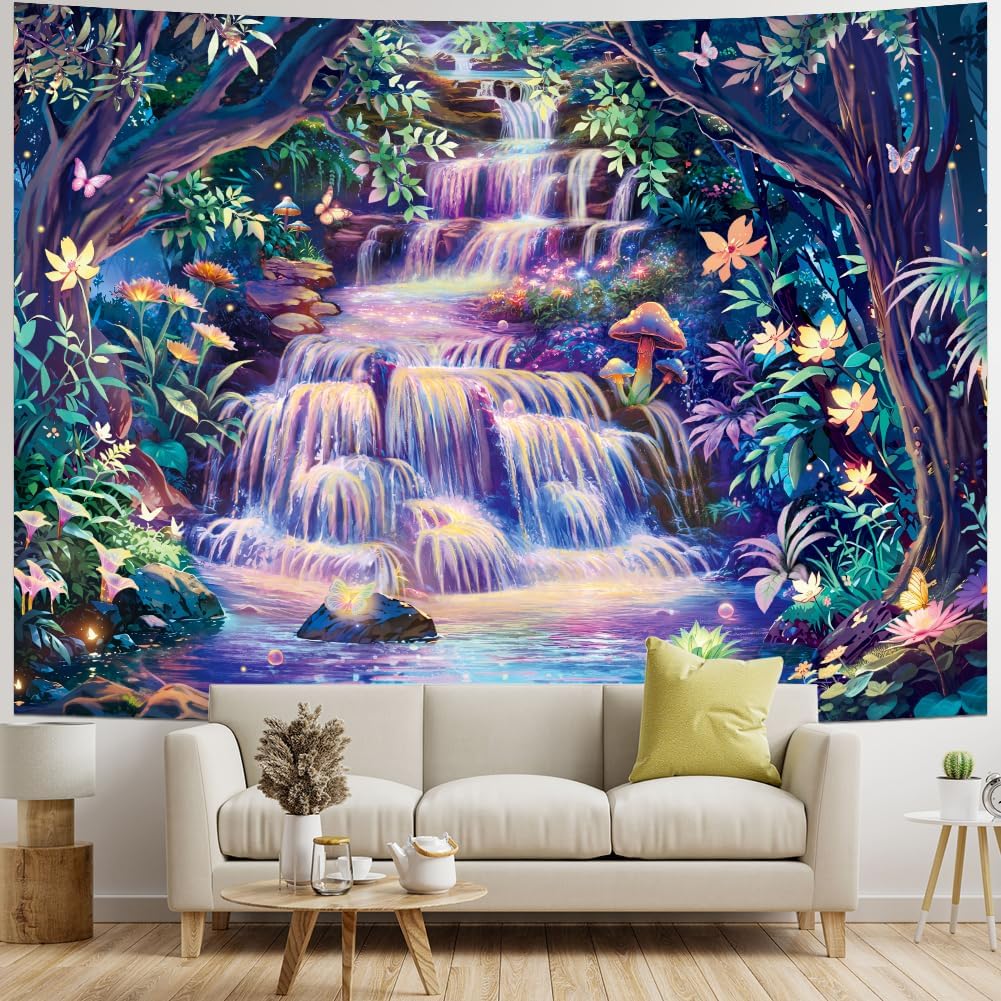 Amonercvita Blacklight Forest Tapestry Neon Tree Waterfall Tapestries UV Reactive Galaxy Space Tapestries Colorful Floral Plants Tapestry Wall