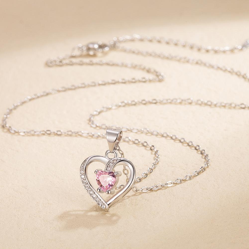 925 Sterling Silver Exquisite Fashion Heart Zircon Pendant Necklace Birthday Anniversary Party Gift