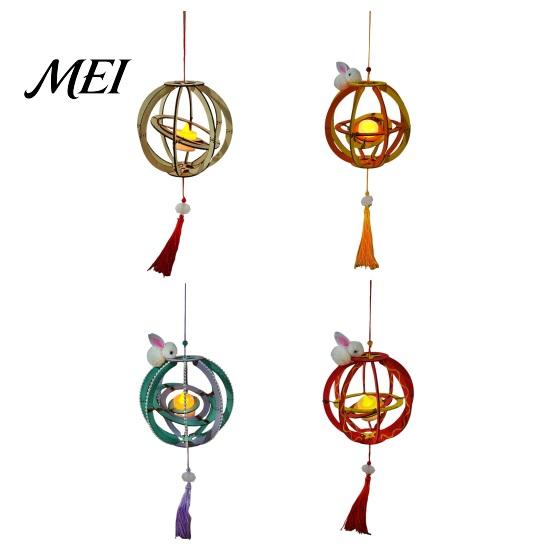 Chinese Style Lantern Kit DIY for Mid-Autumn Festival, Hollow Wooden Rotating Ring Hanging Ornament with Rabbit, Handmade LED Candle Toy Tassels