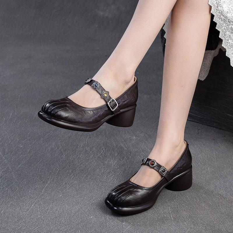 Johnature Lolita Genuine Leather Shoes Sweet Round Toe Thick Heel Wrinkled Women's Shoes
