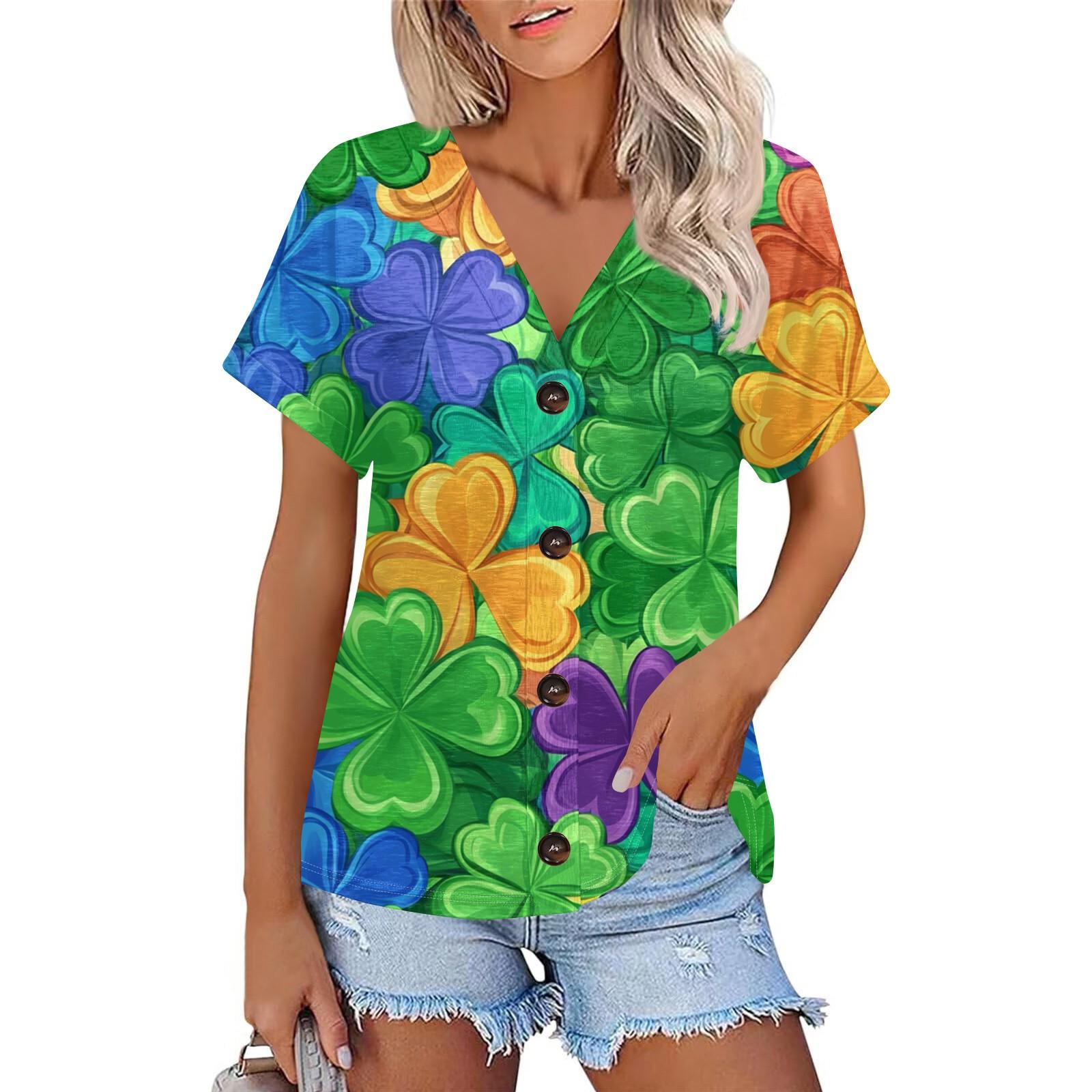 

Жіноча мода Короткий рукав V-подібний виріз St. Патрік Принт Топ Повсякденна Сорочка на Ґудзиках L