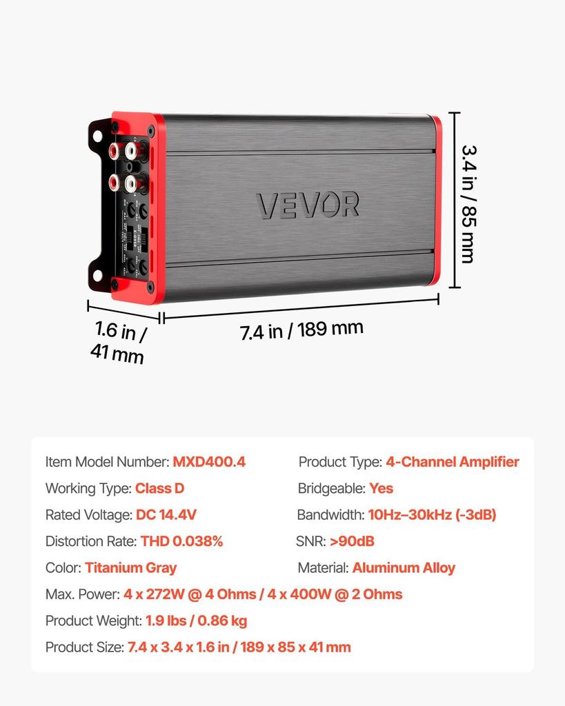 Car Audio Amplifier, 4-Channel Bridgeable Car Amplifier, Multichannel Class D Stereo Amp, Max. 4 x 272W at 4 Ohms / 4 x 400W at 2 Ohms, High Output,
