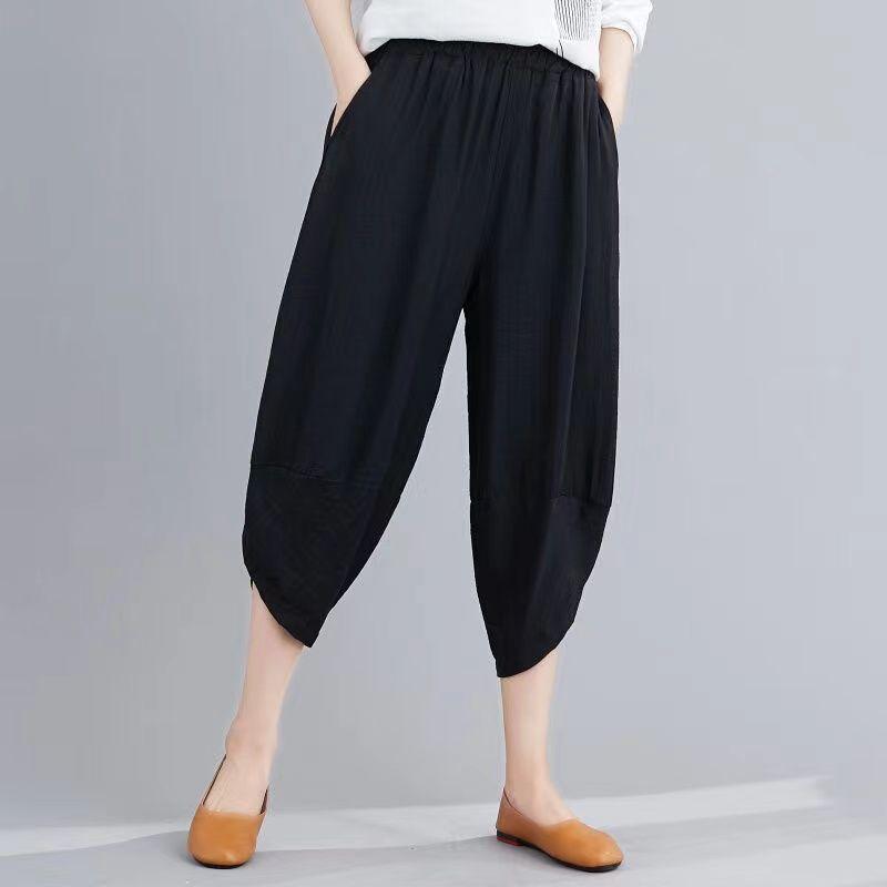 Summer Linen-Cotton Harem Pants for Women Loose Ankle-Cuffed Casual Carrot Seven-Point Trousers