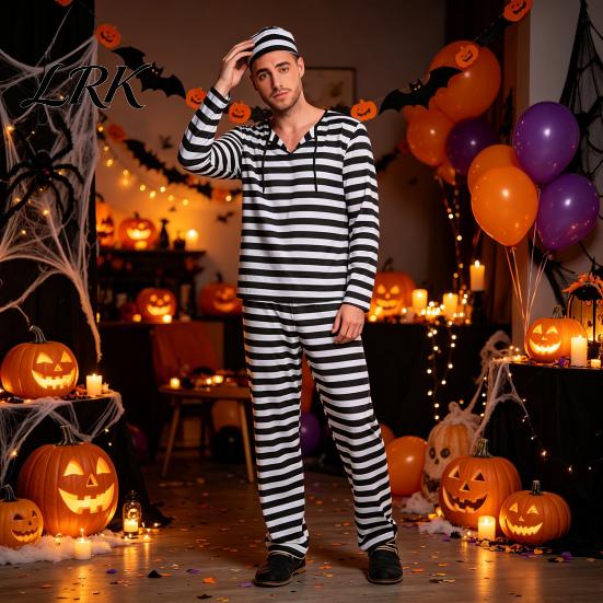 Black White Striped Outfits Prisoner Costume for Adult, Women Mini Dress, Men Top Jail Pants, Halloween Dress-Up Inmate Uniform with Hat & Cuffs Adult