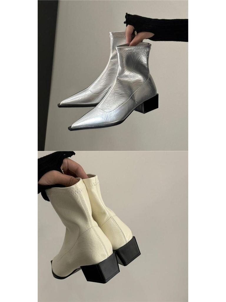 Women's Chunky Heel Pointed Toe Ankle Boots - Slimming Soft Leather for Spring/Autumn Fashion