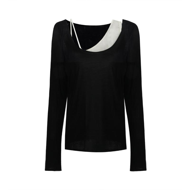 

Women’s Slim Fit Knit Top – Lightweight Spring Long Sleeve with Layered Black & White Contrast Design S чёрный