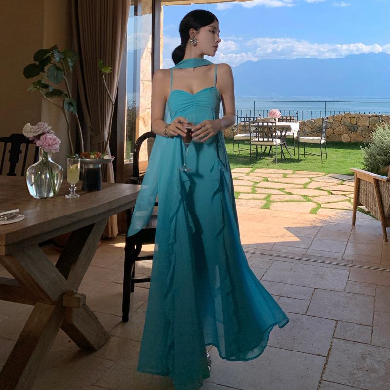 Muse Fan Seaside Vacation Dress Travel Photo Ruffle Edge Suspender Skirt Blue Streamer Backless Beach Dress