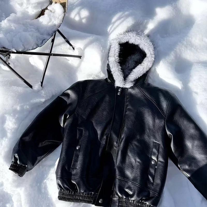 Unisex American Style Hooded PU Leather Jacket with Wolf and Eagle Design - Thick, Warm Cotton for Winter