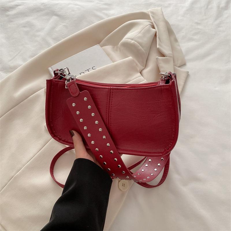 Premium Women's Bag, Simple Rivet Shoulder Bag, Fashionable Wide Shoulder Strap Bag, Versatile Texture, Trendy Messenger Handbag.