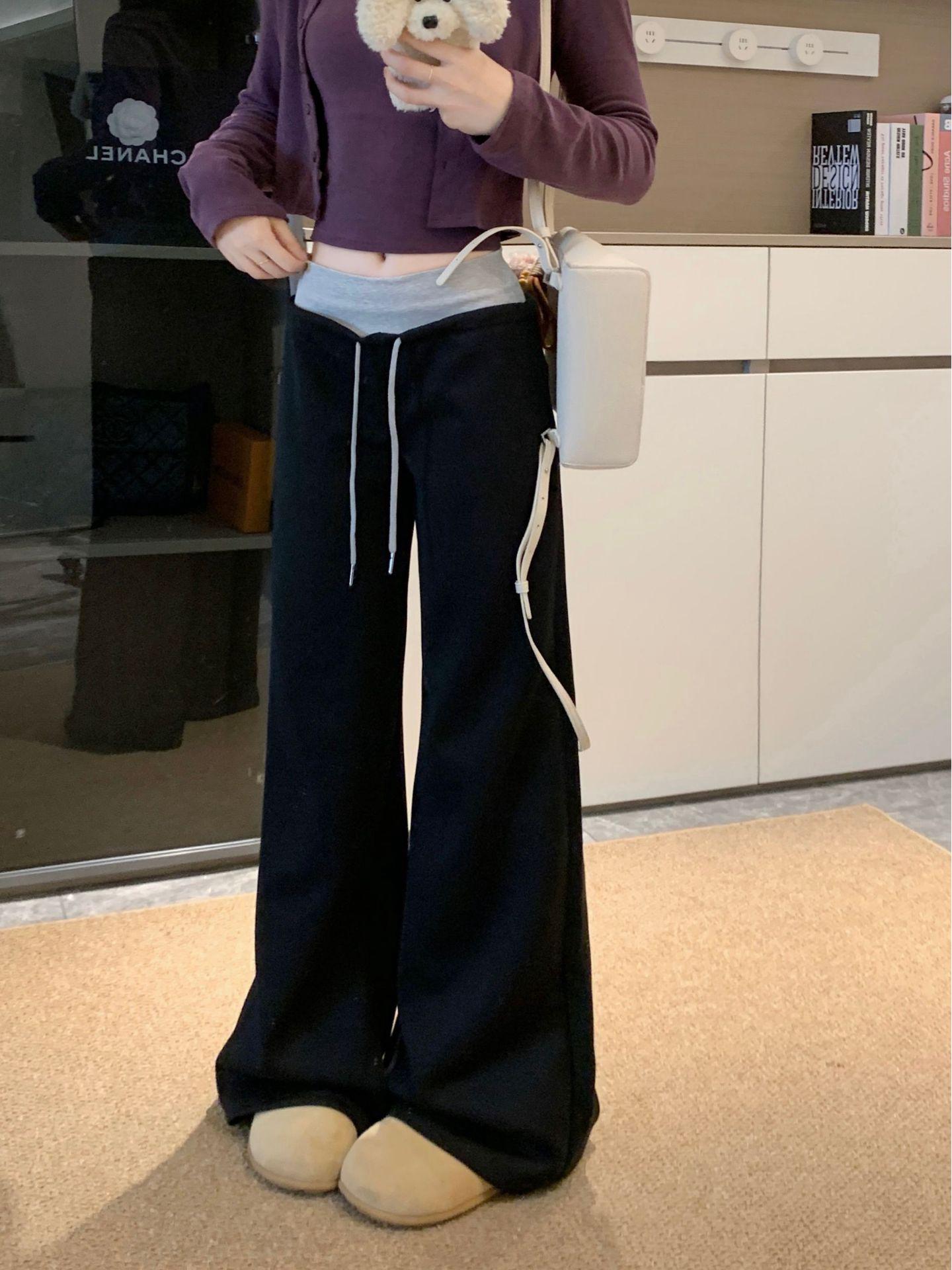 

Plus Size Women s Patchwork Micro-Flare Casual Pants - Autumn/Winter High-Waisted Drawstring Wide-Leg Pants L (approx. 100-120 jin)