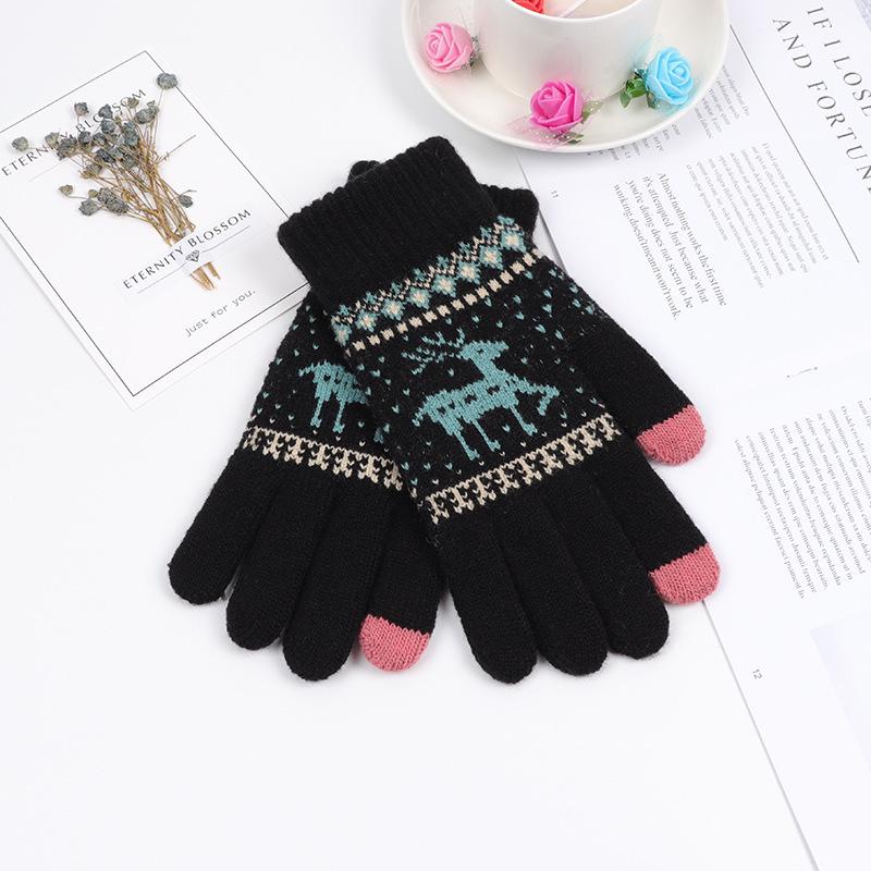 Korean Style Women's Warm Touch Screen Wool Gloves with Elk Print - Autumn/Winter Fashion, Christmas Couple Edition.