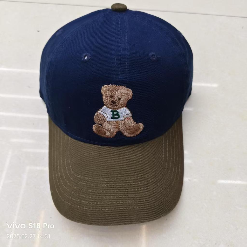 New Color blocking Bear Embroidered Baseball Cap Korean Sweet and Cute Versatile Baseball Cap Big Head Circumference Wide Brim Showing Small Face