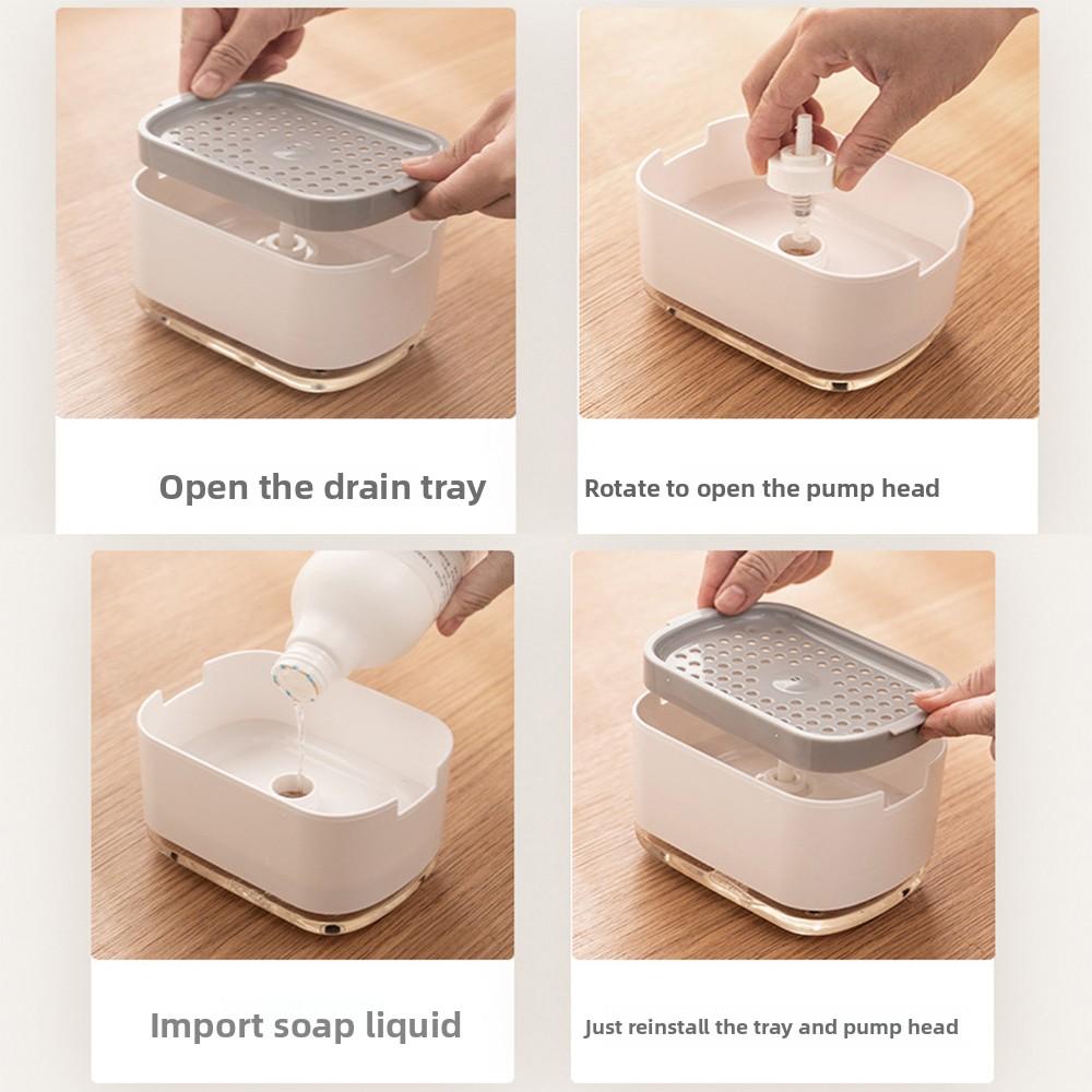 1PC Oval Plastic Soap Dispenser with Sponge Holder, Kitchen Press-Type Dishwashing Liquid Pump and Foam Maker Cleaning Soap Box