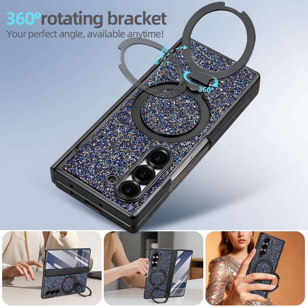 Luxury Girls Glitter Bling Faux Leather Plating Phone Case For Galaxy Z Fold 7/6 With Rotatable Holder, Anti-peeping Glass Film