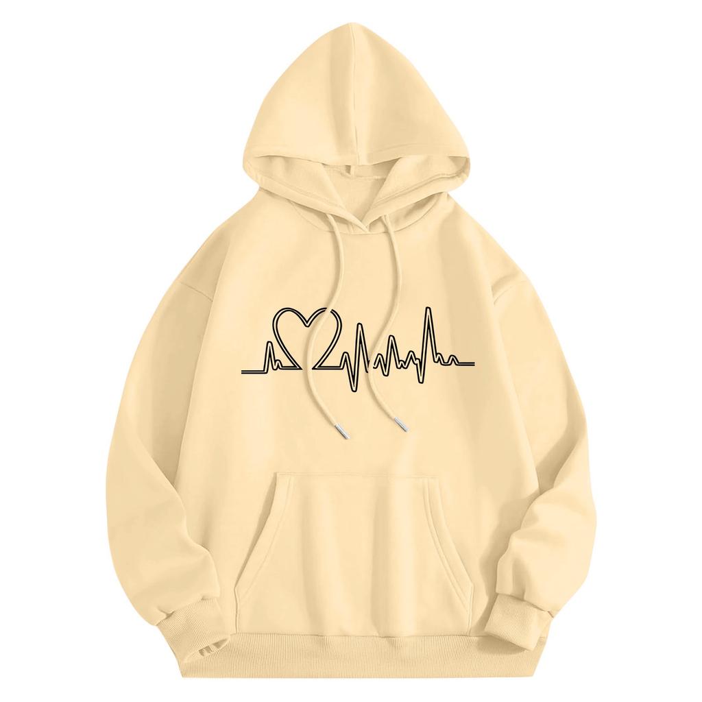 Damska bluza z kapturem, z długim rękawem i luźnym kołnierzykiem, w swobodnym stylu i nadrukiem Heart Beat