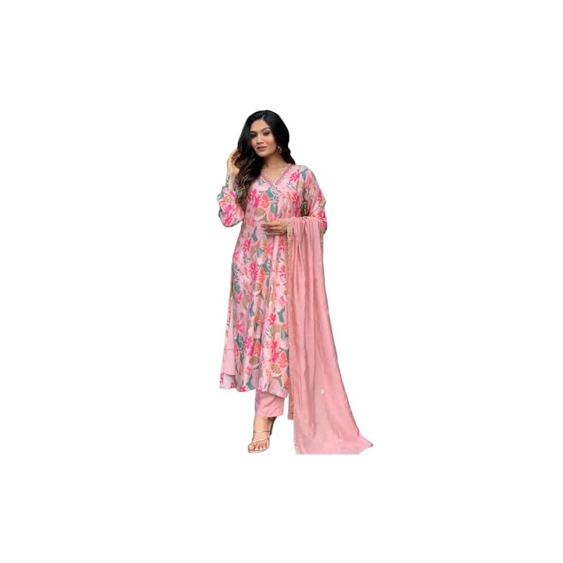 GoSriKi Women's Rayon Blend Printed Straight Kurta with Pant & Dupatta (Maslin-Multi-GS_XXL_Peach_XX-Large)