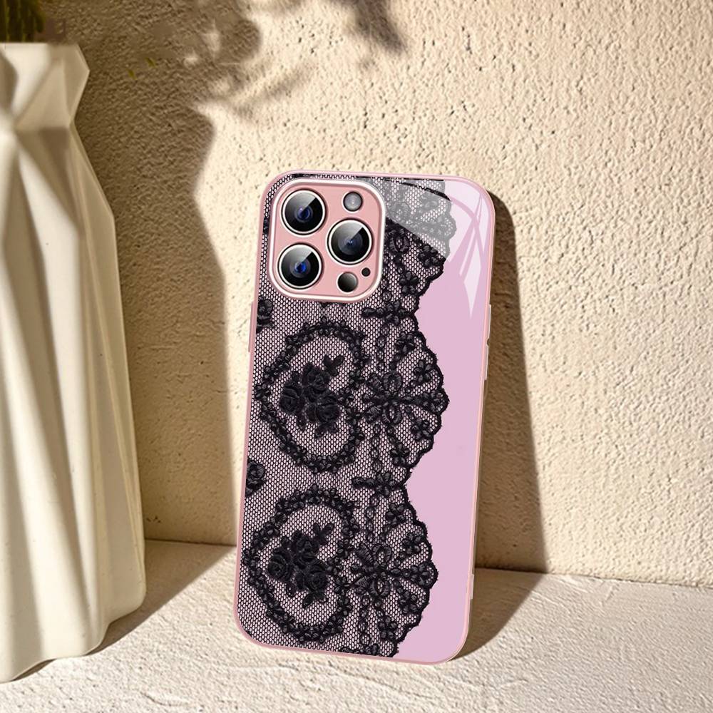 Black Lace Pattern Personalized Mobile For IPhone 14 13 12 Mini 11 Pro XS Max X XR 14 Plus Tempered Glass Cover